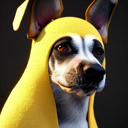 Image similar to perfect mix between a dog and a bee. hyper realistic highly detailed photography. concept art, unreal engine 5, trending on artstation.