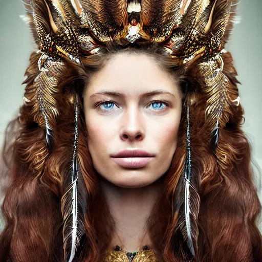 Prompt: 8 5 mm f 1. 8 portrait of a girl that is a mixture between claudia guarnierni and doutzen kroes, she is about 2 5 years old, long curly hair, she is wearing a ornate costume with feathers by iris van herpen, highly detailed, digital painting, artstation, smooth, sharp foccus, artstation hq