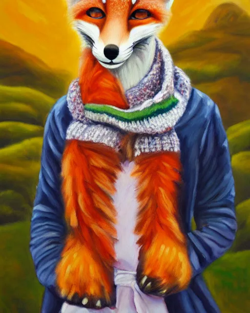 Image similar to oil painting portrait of anthropomorphic female fox animal dressed in sweater and scarf, fox animal, movie studio in background, location movie studio, oil painting,