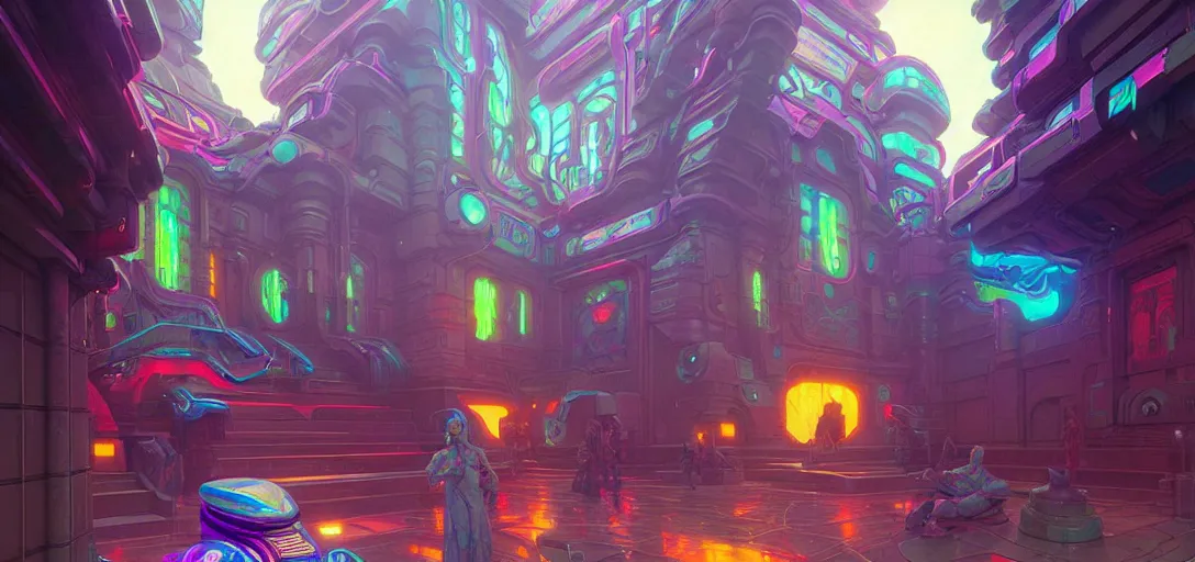 Image similar to street view of a cybernetic temple, vaporwave aesthetic, colorful, psychedelic, digital painting, artstation, concept art, smooth, sharp focus, illustration, art by artgerm and greg rutkowski and alphonse mucha