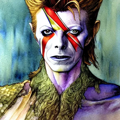 Image similar to a realistic and atmospheric watercolour fantasy character concept art portrait of david bowie as a druidic warrior wizard looking at the camera with an intelligent gaze by rebecca guay, michael kaluta, charles vess and jean moebius giraud