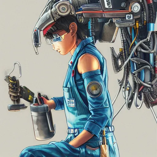 Image similar to Full body portrait of a mechanic in overalls repairing a mech, cyberpunk, illustration, detailed face, detailed background, Ilya Kuvshinov, Hayao Miyazaki, Takashi Takeuchi, Masamune Shirow