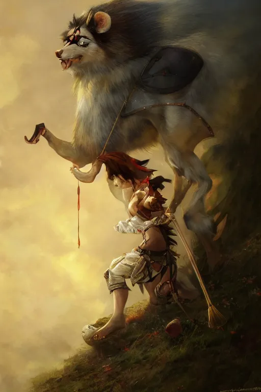 Prompt: breathtaking detailed painting of princess mononoke in a golden sky, fighting arthur rimbaud with a knight armor, mediaval stained glass sky rembrandt style, elegant, highly detailed, artstation, concept art, matte, sharp focus, art by tom bagshaw, and greg rutkowski