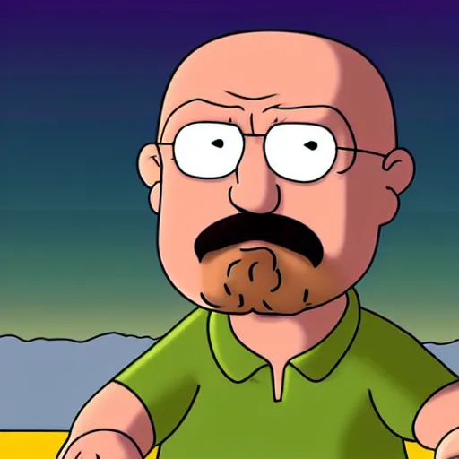 Image similar to Walter White in the style of family guy in a sunset scene