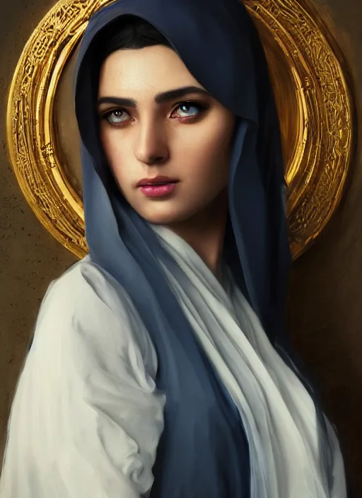 Image similar to a Photorealistic dramatic hyperrealistic render of an arab ameera al taweel, blue eyes, black hair, white veil,by WLOP,Artgerm,Greg Rutkowski,Alphonse Mucha, Beautiful dynamic dramatic dark moody lighting,shadows,cinematic atmosphere,Artstation,concept design art,Octane render,8K