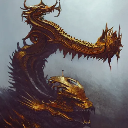 Image similar to brutalist golden chinese dragon, digital art, by seb mckinnon and artgerm and greg rutkowski, featured on artstation