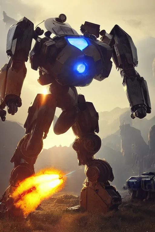 Image similar to mechwarrior 5 : mercenaries mech megaman transformer robot boss tank engine game octane render, 4 k, hd 2 0 2 2 3 d cgi rtx hdr style chrome reflexion glow fanart, global illumination ray tracing hdr fanart arstation by sung choi and eric pfeiffer and gabriel garza and casper konefal pixar and disney unreal zbrush central hardmesh