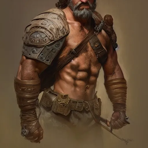 Image similar to portrait of a rugged ranger, muscular, upper body, hairy chest, D&D, fantasy, intricate, elegant, highly detailed, digital painting, artstation, concept art, matte, sharp focus, illustration, art by Artgerm and Greg Rutkowski and Alphonse Mucha