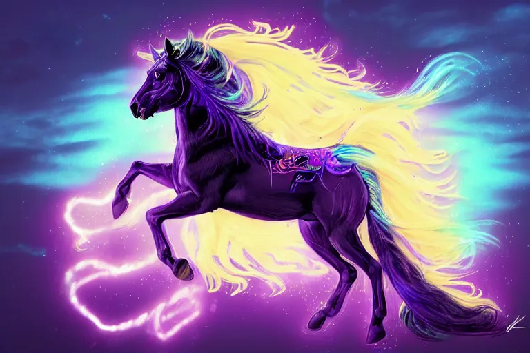 Image similar to a stunning horse with bioluminescent mane and tail running in the clouds by sandra chevrier and greg rutkowski, neon hooves, purple blue color scheme, vaporware, retro, outrun, high key lighting, volumetric light, digital art, highly detailed, fine detail, intricate, ornate, complex, octane render, unreal engine, photorealistic