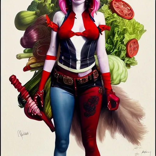 Prompt: Emma Roberts as Harley Quinn dressed with vegetables, western, D&D, fantasy, intricate, elegant, highly detailed, digital painting, artstation, concept art, matte, sharp focus, illustration, art by Artgerm and Greg Rutkowski and Alphonse Mucha