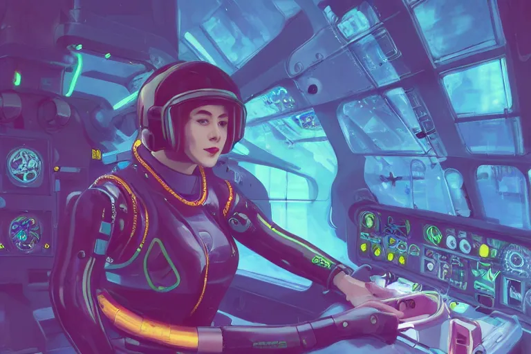 Prompt: cockpit of a futuristic submarine, female pilot in a jumpsuit, neon colors, seapunk Mecha , vaporwave , digital art, artstation, by WLOP, Ilya repin, alphonse mucha., Very highly detailed 8K, octane, Digital painting, the golden ratio,