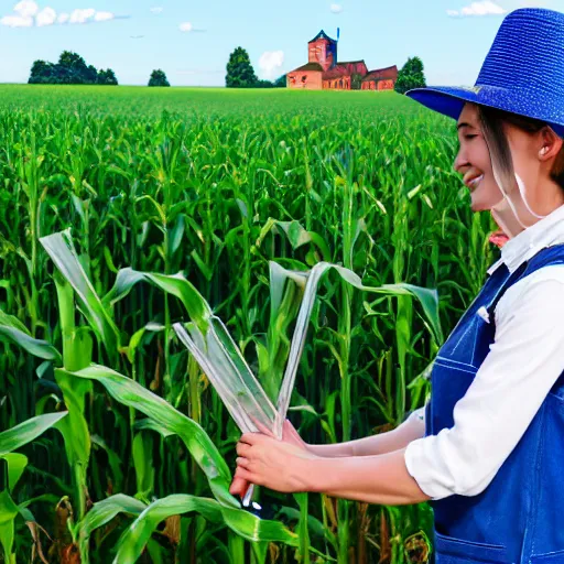 Prompt: a photo of a robot farmer wearing a straw hat blue overalls in the corn field, photorealistic, 8 k, castle background