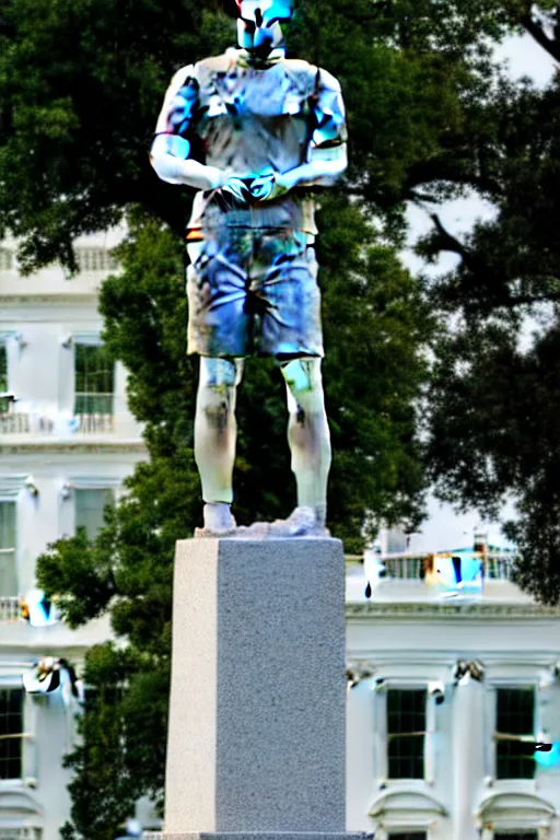 Image similar to A beautiful stone statue of Mark Zuckerberg in front of the White House, photo by Steve McCurry, heroic pose, detailed, smooth, smiling