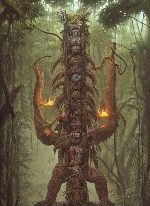 Prompt: a totem in the jungle surrounded by mist, representing amazonian shamanic traditions, tribal masks, symetrical totem, hyper detailed, art by christophe vacher