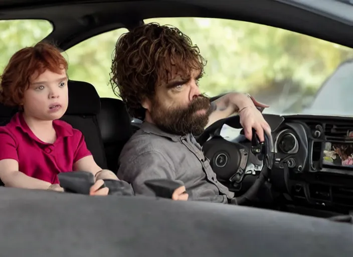 Image similar to peter dinklage and scarlett johannson driving a little tikes cozy coupe, movie still, from the new black widow movie, 8 k, realistic