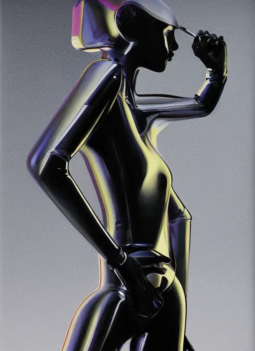 Image similar to futuristic lasers tracing, colorsmoke, leather fullbodysuit, pyramid hoodvisor, raindrops, wet, oiled, beautiful cyborg girl, by steven meisel, kaws, rolf armstrong, mondrian, kandinsky, perfect geometry abstract acrylic, octane hyperrealism photorealistic airbrush collage painting, dark monochrome, fluorescent colors, minimalist rule of thirds, eighties eros