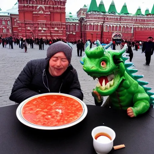 Prompt: Funny Dragon eating russian borsch soup on the Red Square,