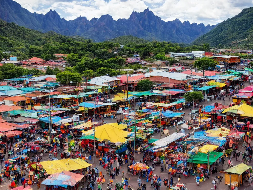 Prompt: south american city market in a valley with mountains