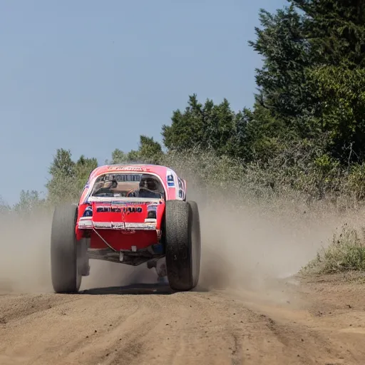 Prompt: rear view of a classic off road race car jumping over a hill