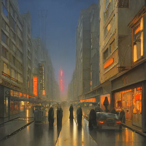Image similar to a highly detailed and beautiful realistic oil painting of a 21st century city street in a smoky summer night, by Zdzisław Beksiński,Jean Delville, Edmund Dulac,Jean Giraud,Ellen Jewett, #vfxfriday, vivid, hyper realistic, wide angle, detailed, masterpiece, 8k resolution, matte painting, trending on artstation