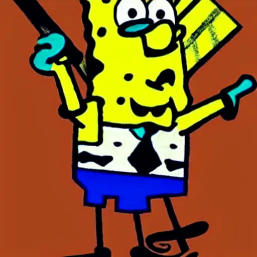 Image similar to sketchy crayon drawing of spongebob squarepants holding a kitchen knife