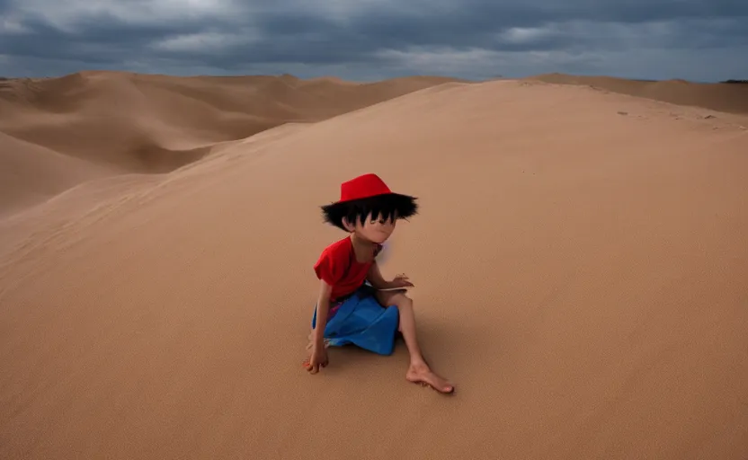 Prompt: a luffy in sand dunes, photography