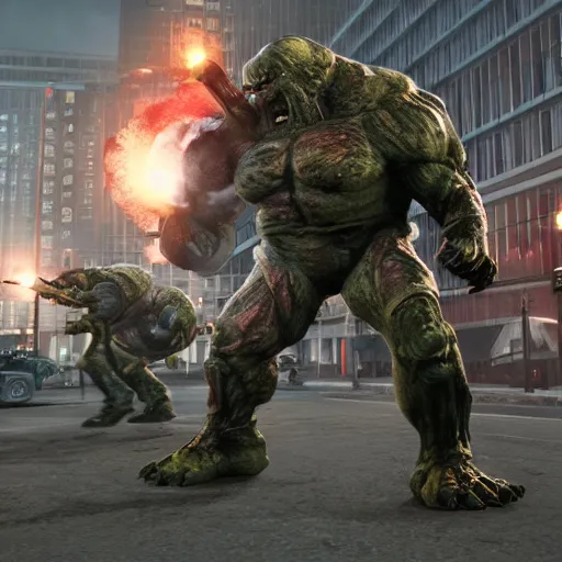 Prompt: ultra realistic, photo realistic super mutant invasion 7 5 mm, massive over 1 5 feet tall, duel wielding gatling guns, ragnoraking the nypd octane rednering, unreal engine, digital art