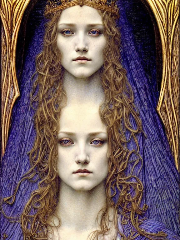 Image similar to detailed realistic beautiful young medieval queen face portrait by jean delville, gustave dore and marco mazzoni, art nouveau, symbolist, visionary, gothic, pre - raphaelite. horizontal symmetry