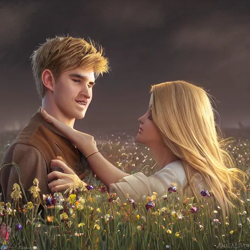 Image similar to a blonde guy and woman with brown hair hugging each other in a flower field at sundown, D&D, fantasy, intricate, elegant, highly detailed, digital painting, artstation, concept art, matte, sharp focus, illustration, hearthstone, art by Artgerm and Greg Rutkowski and Alphonse Mucha