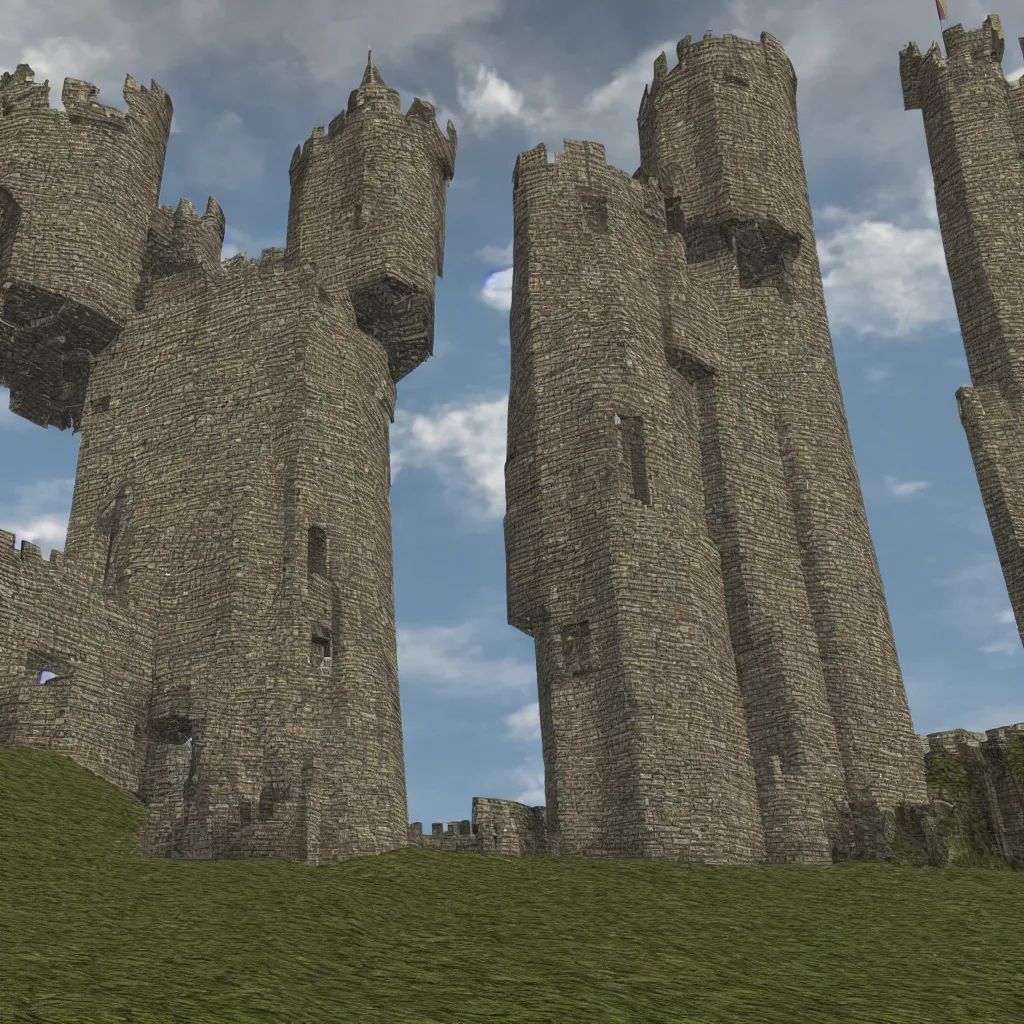 Image similar to celtic castle, 4 towers, photorealistic, hyper detailed, picture taken from the ground, first person perspective, realistic