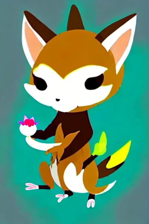 Prompt: cute chibi kawaii dragon fox boy with kind eyes, a bunch of fur, a beautiful couture sweatshirt, and the ability to play a bird flute inside a cozy mountain dwelling with flowers on the table