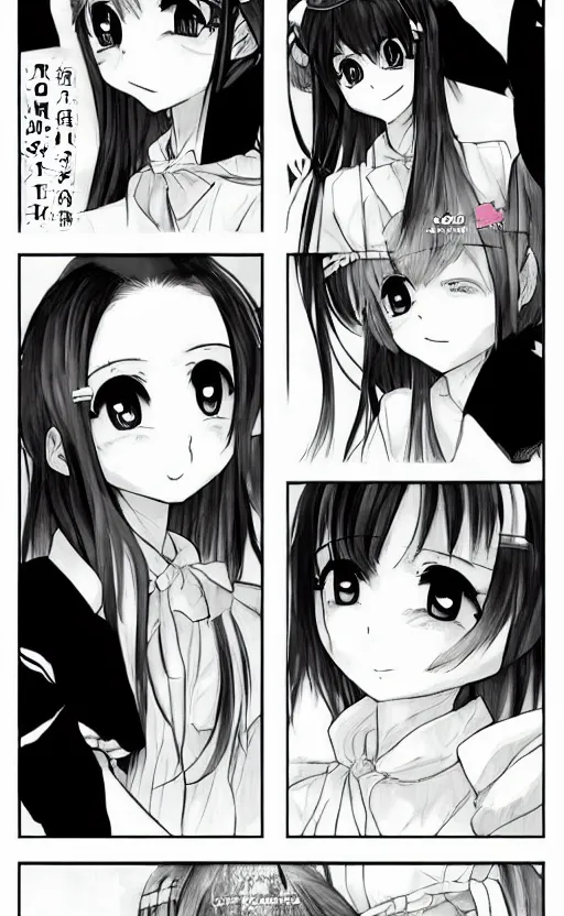 Image similar to a page of multi-panel shoujo!! ai school!! manga, black and white chibi manga!!! style, kawaii manga, japanese text kanji