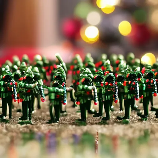 Prompt: army of toy soldiers on Christmas causing mayham and shooting guns towards