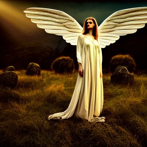 Prompt: photographic portrait of a stunningly beautiful gothic angel in heaven with divine light in soft dreamy light at sunset, contemporary fashion shoot, by edward robert hughes, annie leibovitz and steve mccurry, david lazar, jimmy nelsson, breathtaking, 8 k resolution, extremely detailed, beautiful, establishing shot, artistic, hyperrealistic, beautiful face, octane render