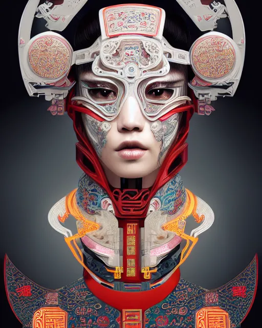 Image similar to portrait of a cyberpunk machine, machine face, upper half portrait, decorated with chinese opera motifs, asian, fine china, traditional chinese art, intricate, elegant, highly detailed, symmetry, headpiece, digital painting, artstation, concept art, smooth, sharp focus, illustration, art by artgerm and greg rutkowski and alphonse mucha, 8 k