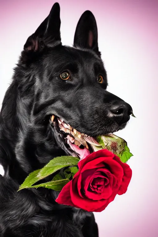 Image similar to black dog holding rose in his mouth, bright green eyes, studio lighting, 4 k, realistic, chromatic abberation, global illumination