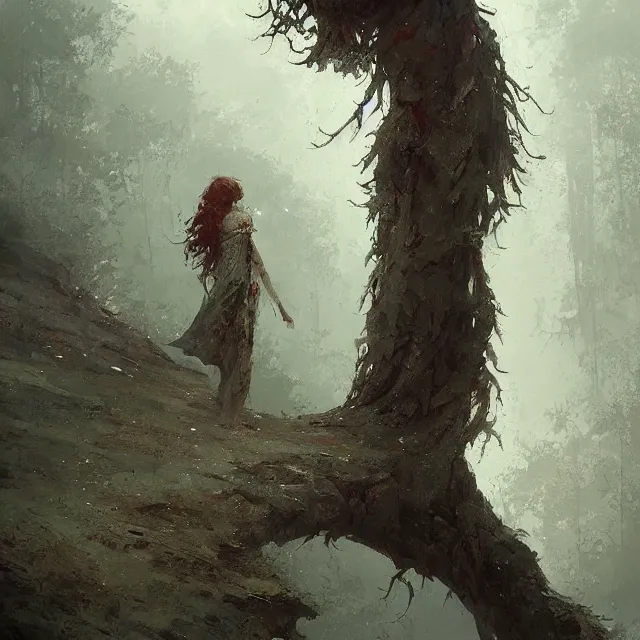 Prompt: a painting of a walking tree looking down at a smaller human by greg rutkowski, dark fantasy art, high detail, trending on artstation