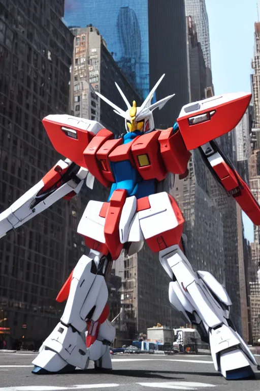 Prompt: realistic action photo of a Gundam in the middle of the New York streets