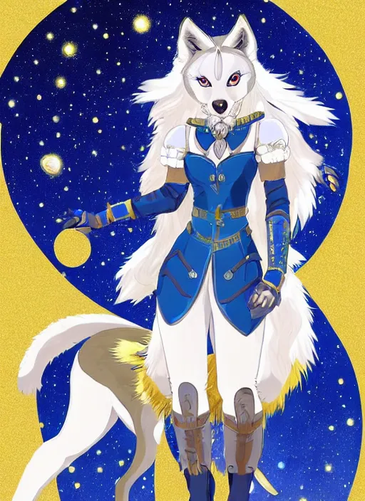 Image similar to commissioned full body portrait of a female anthro wolf princess fursona with a furry wolf head and white hair wearing a blue and gold Japanese armored dress in a white and gold palace on a starry night with a large crescent moon, by a professional manga illustrator, by Kilian Eng, by Sandra Chevrier, trending on artstation