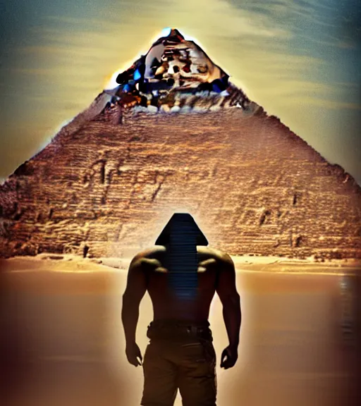 Image similar to a beefy man with a machine gun, egyptian pyramid in the background, 4 k, sharp focus, real life photo, highly detailed, cinematic, photorealistic, cyberpunk, book cover
