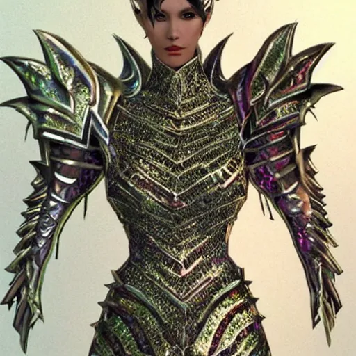 Image similar to concept art of a dragon scale armor dress. bright metallics, ornate detail. in the style of crystal dynamics