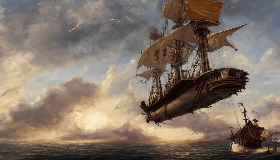 Image similar to a large pirate airship flying among the clouds, soaring through the sky, airship, realist painting, pirate, beautiful, highly detailed, trending on art station