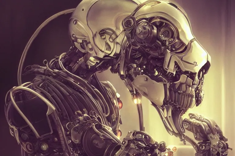 Image similar to Ultra realistic illustration, robot sitting, holding a human skull in it's hands, cyberpunk, sci-fi, fantasy, intricate, elegant, highly detailed, digital painting, artstation, concept art, smooth, sharp focus, illustration, art by artgerm and greg rutkowski and alphonse mucha