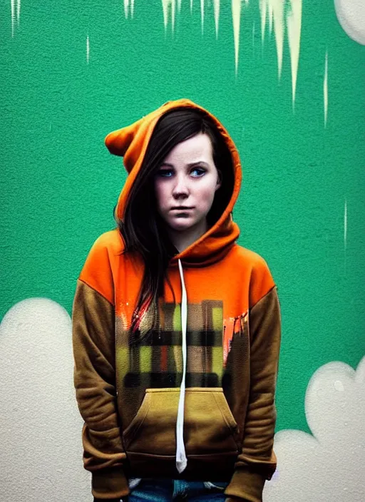 Image similar to highly detailed portrait of a cloudpunk young seattle lady, tartan hoody, by atey ghailan, by greg rutkowski, by greg tocchini, by james gilleard, by joe fenton, by kaethe butcher, gradient green, brown, blonde crea, orange, brown and white color scheme, grunge aesthetic!!! ( ( graffiti tag wall background ) )