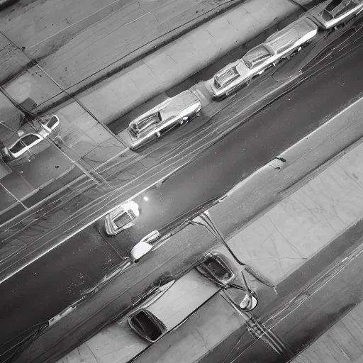 Image similar to A stunningly beautiful award-winning 8K high angle cinematic movie photograph of a foggy main intersection in an abandoned 1950s small town at night, by Edward Hopper and David Fincher and Darius Khonji, cinematic lighting, perfect composition, moody low key volumetric light. Color palette from Seven. Shot from above, 3 point perspective