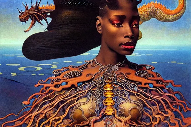 Image similar to realistic extremely detailed closeup portrait painting of a beautiful black woman wearing futuristic dress, dystopian landscape with a mutant dragon on background by Jean Delville, Amano, Yves Tanguy, Alphonse Mucha, Ernst Haeckel, Edward Robert Hughes, Roger Dean, rich moody colours