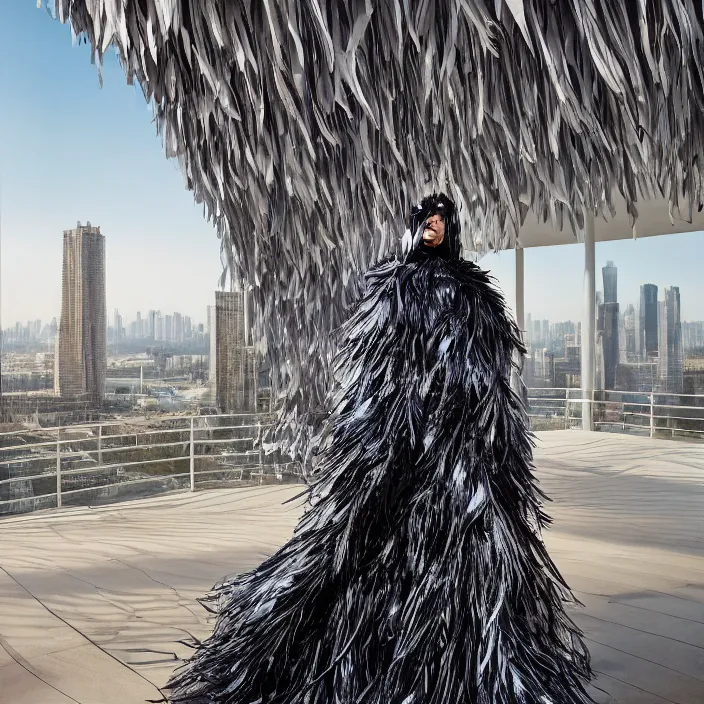 Image similar to metallic neoprene woman, feathered, shenzhen background, nylon fashion, by annie leibovitz, by greg rutkowski, by santiago calatrava