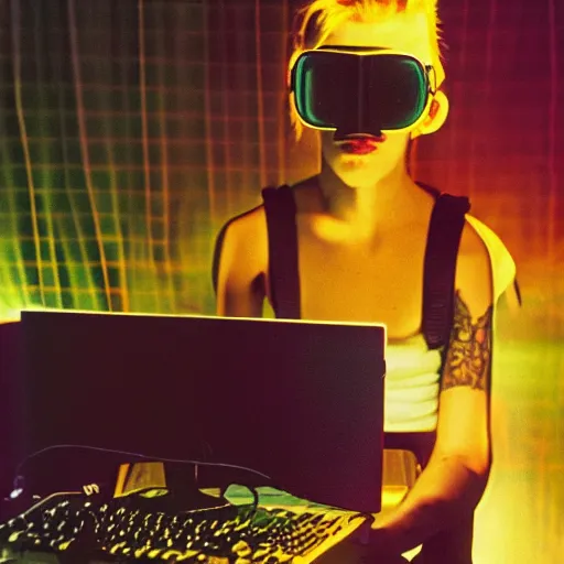 Image similar to kodak portra 4 0 0 photograph of a skinny goth nerd sitting in front of computer screen with face lit up, wearing goggles, moody lighting, telephoto, 9 0 s vibe, blurry background, vaporwave colors, faded!,