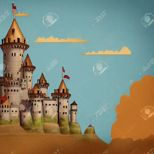 Prompt: Illustration of a medieval castle on an island floating in the sky