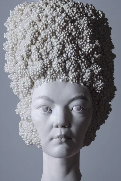 Prompt: full head and shoulders, bjork porcelain sculpture, smooth, delicate facial features, white eyes, white lashes, detailed white, lots of white coral sea elements, fish, sea anemones, all white features on a white background, by daniel arsham and james jean